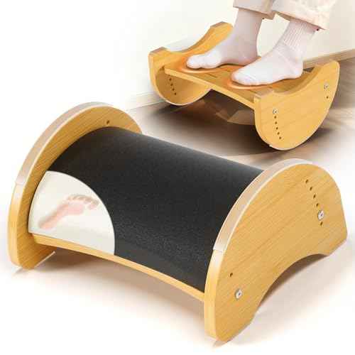 Bamboo Foot Rest for Under Desk at Work, Reversible Ergonomic Rocking Office Foot Rest, 6 Heights Adjustable & Non-Slip Mats with Foam Cushion, Under Desk Footrest for Home Office
