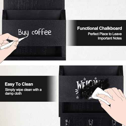 Key and Mail Holder for Wall, Key Holder with Chalkboard and Long Storage Box, Key Hanger with 3 Sturdy Hooks for Coat, Dog Leash, Entryway Mail Organizer (Black)
