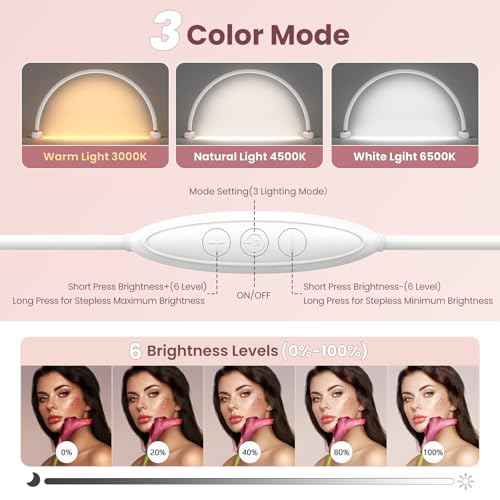 Yokilly Arc Half Moon Light: 20" Half Moon Light with Foldable Bracket for Desk Salon Table Use - No Flicker & Shadow-Free Desk Lamp with Stepless Brightness 3000-6500K for Manicurist Nail Tech
