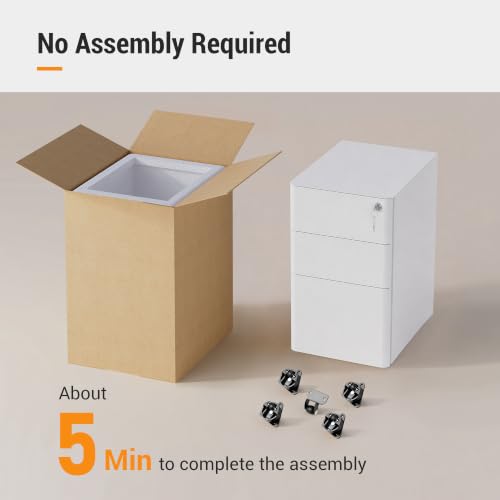 DEVAISE White 3-Drawer File Cabinet on Wheels, Fully Assembled, 11.8"W x 17.7"D x 23.2"H