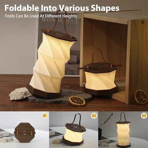 Ba sus Wooden Rotating Table Lamp, Warm Light Design with Leather Handle, Long Press Dimming Function, Built-in Battery & USB Rechargeable, Adjustable Heights for Bedroom, Living Room, Camping