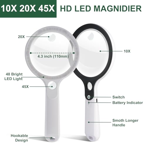BASEJKCO White Handle 10X 20X 45X LED Magnifying Glass with 48 Lights