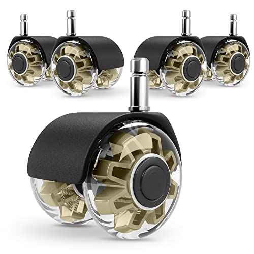 Office Chair Caster Wheels (Set of 5),Heavy-Duty Chair Wheels Support 2200lbs,Mute Rubber Chair Casters for Hardwood Floors and Carpet,2 Inch Universal Fit (Gold)