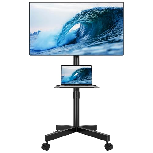 BONTEC Black Rolling TV Stand for 23-65 Inch Flat & Curved Screens, Mobile TV Cart with Adjustable Height and Shelving