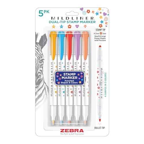 Zebra Pen Mildliner Dual-Tip Stamp Marker, Water-Based Pigment Ink, Extra Fine Bullet & Assorted Shape Stamp Tips, Assorted Colors, 5-Pack (73305)