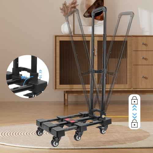 6-Wheel Black Folding Hand Truck, 440 lbs Heavy Duty Dolly, Collapsible Dolly Cart, Portable Platform Cart with 2 Elastic Ropes, Foldable Dolly Cart for Moving, Travel