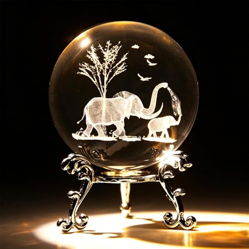 VSKIKRIS 60mm 3D Elephant Crystal Ball Paperweight with Stand - Elephant Gifts, Listing: Elephant_006