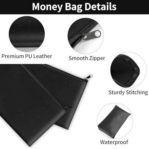 2 Pack Money Bags with Zipper, 11x6.1 Inch PU Leather Cash Pouch, Secure Bank Bag for Coins, Bills, Checks, Invoices, Cosmetics, Tools (Black)