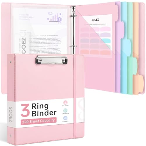 Sooez 3-Ring Binder Clipboard with Storage & 5-Tab Dividers - Pink, 1 Inch