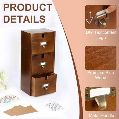 DLUGOPIS 3 Tier Index Card Holder 3x5 Wooden Card Catalog Box with 3 Drawers Brown Index Card Storage Box Flash Card Holder 25 Index Card Dividers 2 Letter Smile Stickers for Office
