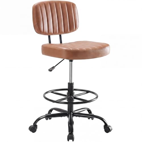 DUMOS Brown Armless Drafting Chair with Adjustable Height & Rolling Casters