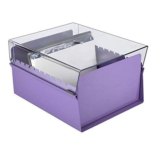 Acrimet 5 X 8 Card File Holder Organizer Box Metal Base Heavy Duty (AZ Index Cards and Divider Included) (Purple Color with Clear Crystal Plastic Lid Cover)