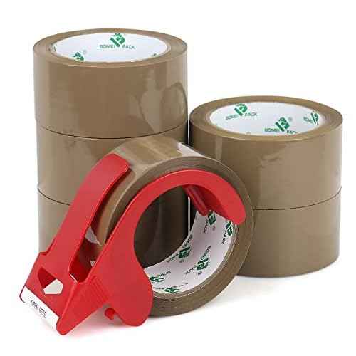 BOMEI PACK Brown Packing Tape with Dispenser, 2.4 Mil 1.88 Inch x 60 Yards, 6 Refills Rolls Packaging Tape for Moving, Shipping and Storage