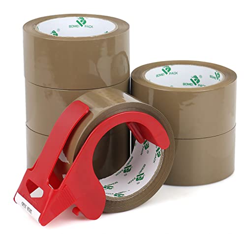 BOMEI PACK 6 Rolls Brown Packing Tape with Dispenser, 2.4 Mil x 1.88 Inch x 60 Yards