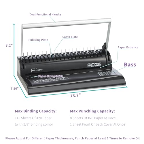 Binditek Binding Machine, 19-Hole, 145 Sheets, Comb Binder Machines with 30 PCS 1/2" Binding Combs, for Letter Size, Fixed Margin