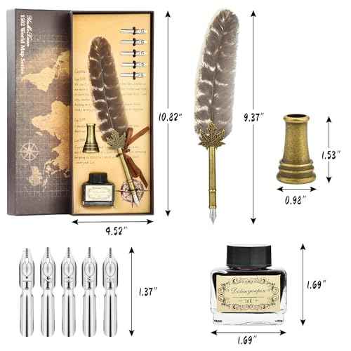 Hethrone Feather Pen and Ink Set - Calligraphy Quill Pen Set Includes Dip Pen, 5 Replacement Nibs and Pen Holder for Writing Lovers (Brown)