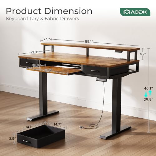 AODK 55 Inch Rustic Brown Standing Desk with Drawers & Keyboard Tray - Adjustable Height