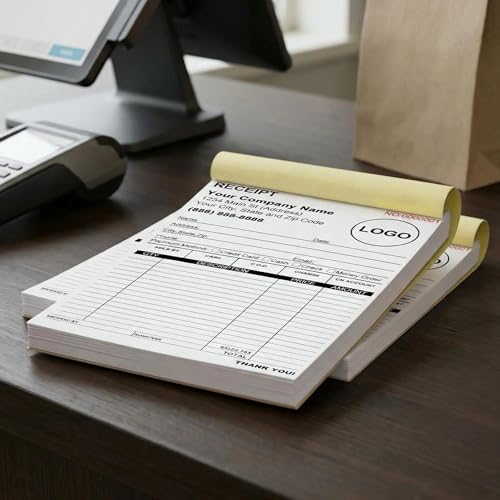 Custom Receipt Book with Carbonless Copies – 2-Part Invoice Book, 5.5 x 8.5, Sequential 001-100, Logo Personalization