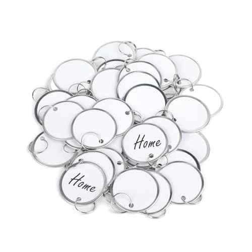 Uniclife 100 Pack Key Tags 1.5 Inch Round Key Chain Tags Writable White Paper Labels with Metal Edges and Split Rings Sturdy Lightweight Key Item Identifiers
