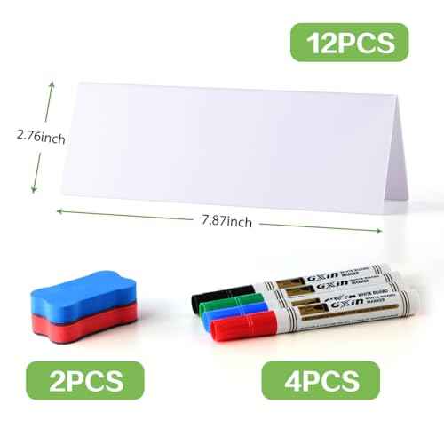12 Pcs Dry Erase Name Tent Cards for Table, Reusable Name Cards 8.75" x 3" Desk Name Tents Sets with Dry Erase Markers and Erasers, Facilitate Effective Organization of Meetings and Classes
