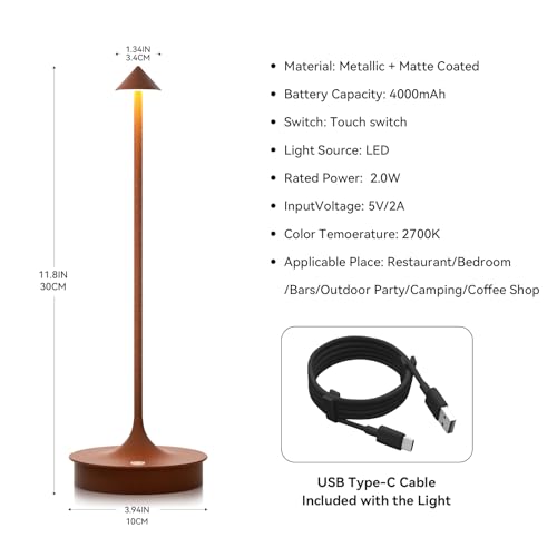 Set of 2 Small Cordless Table Lamp Rechargeable, Battery Operated Desk Lamp, 4000mAh LED Touch Lamp, Dimmable Portable Outdoor Waterproof Wireless Table Light for Restaurants/Bars/Outdoor(Brown)