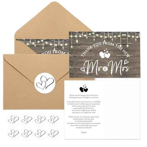 Spakon 100 Sets Wedding Thank You Cards with Envelopes and Stickers Wedding Themed Kraft Paper Thank You Card with Message Mr and Mrs Thank You Notes for Bridal Shower Anniversary Guests (Rustic)