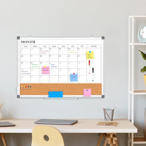 WALGLASS 24x18 Inch Dry Erase Calendar Whiteboard with Cork Strip, Wall Mountable, 3-in-1 Magnetic White & Cork Board, Includes Markers & Accessories