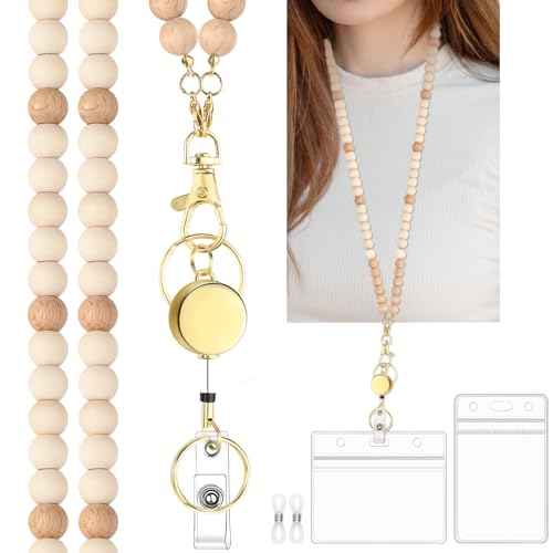 BESARME Teacher Lanyard with ID Holder Cute Wooden Beaded Lanyards for ID Card Badges Holder Retractable Badge Reel Keys Eyeglass Chains for Women