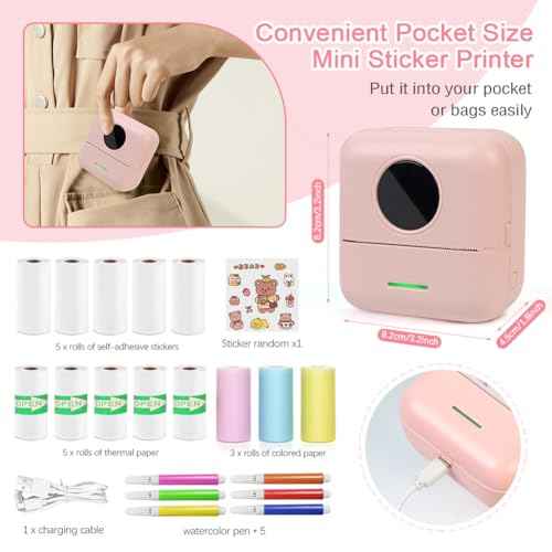 MXiiXM Mini Sticker Printer, Portable Pocket Smart Inkless Thermal Printer with 13 Roll Papers, Bluetooth Mini Printer for Notes, Photos, Stickers, Labels, Receipts (Pink)
