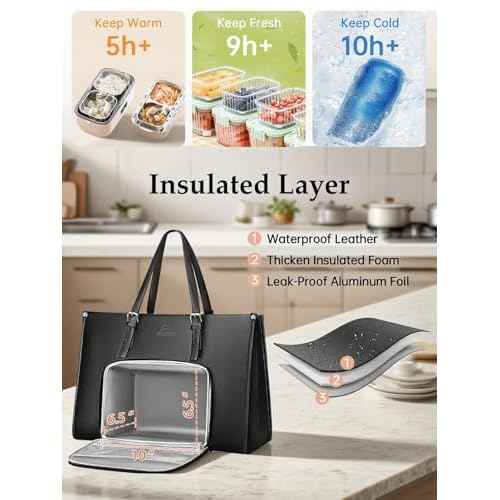 MATEIN 17 Inch Laptop Tote Bag for Women with Lunch Compartment, PU Leather Convertible Work Briefcase for Business, Professional Teacher Computer Handbags with Lunch Box for Office, Commute, Black