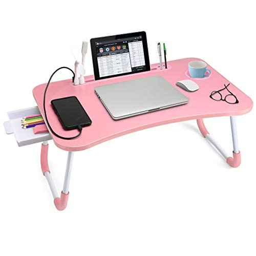 Slendor Lap Desk with Tablet Slot, Foldable Laptop Table with Storage Drawer for Bed£¬Portable Bed Desk for Laptop, Computer Tray with Cup Holder Notebook Stand Reading Holder for Couch Floor, Pink
