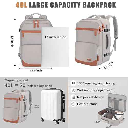 40L Travel Backpack with USB Charging Port, Water-Resistant Carry On Backpack for Men Women, Business Laptop Backpack for Trips & Commutes, Fits 15.6/17.3 Inch Laptop
