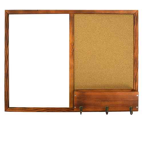 Dry Erase White Board and Cork Board, Magnetic Whiteboard & Bulletin Board Combo, 17.7"¡¿23.6"£¬Wall-Mounted Mail Sorter & Key Hooks, Solid Pine Wood Walnut Brown Frame(Mail BB-BN-4560)