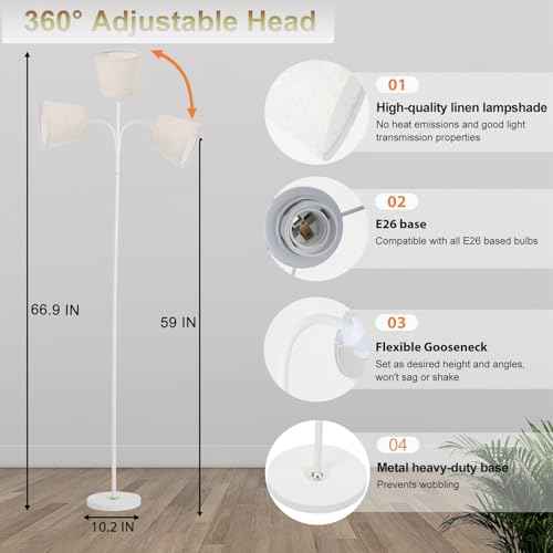 AoMck Floor Lamp for Living Room, Industrial FloorLamps with Adjustable Gooseneck Bendable, 2 in 1Reading Table Lamps for Living Room Bedroom Office12W Bulb Included (W+ Linen Shade)