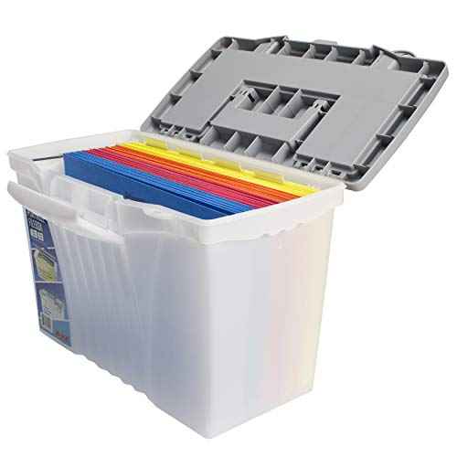 Storex Portable File Box with Organizer Lid, 17.13 x 9.63 x 11 Inches, Frosted/Silver (61511A01C)