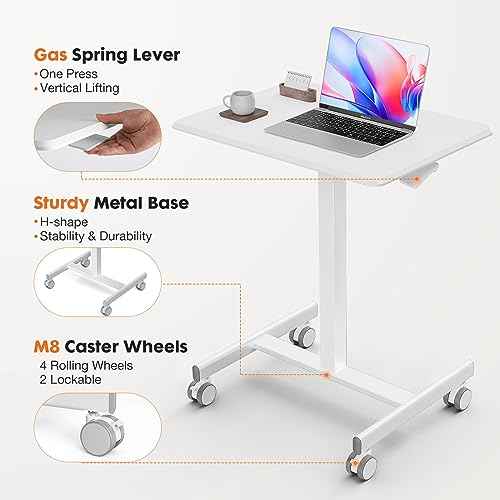 Sweetcrispy Mobile Small Standing Desk - Sit Stand Portable Rolling Laptop Desk with Lockable Wheels, Adjustable Height Computer Workstations, White