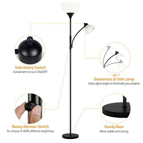 Floor Lamp, Dimmable Standing lamp, Stepless Dimming Brightness, Included 9W and 5W LED Bulbs, Industrial Floor Lamp for Living Room, Bedroom, Office, Reading