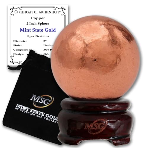 Copper Ball Paperweight with Wooden Base | 2" (50.8 mm - 1.29 lb) 99.9% Pure Solid Sphere with Certificate of Authenticity by Mint State Gold