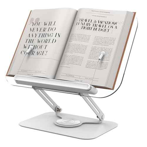 Acrylic Book Stand for Reading Hands Free - Adjustable 360¡Æ Rotating Cookbook Holder with Elastic Page Clips & Foldable Base, Multi-Angle Desktop Display Stand for Recipes, Textbooks, Tablets, Bibles