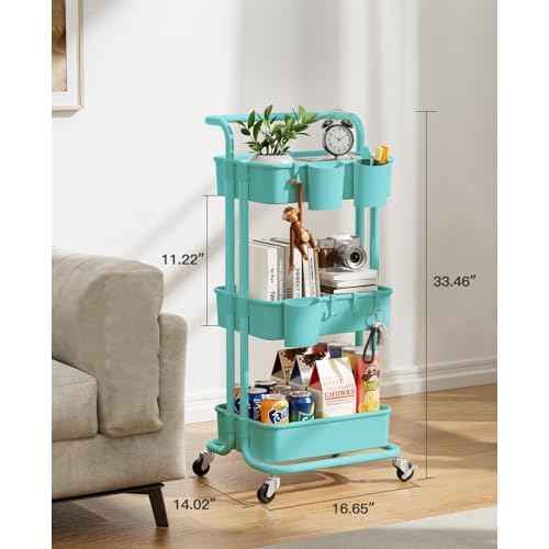 Pipishell 3 Tier Rolling Cart with Wheels - Rolling Storage Cart with 3 Hanging Cups & 4 Hooks - Art & Craft Carts Organizer for Office, Kitchen, Craft Room, Bedroom, Laundry Room (Turquoise)