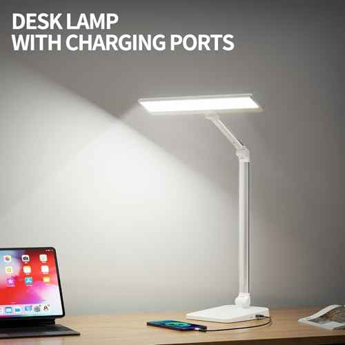 Desk Lamp with USB A+C Dual Charging Port, 23W 1000LM DC Adapter LED Dsek Light for Office Home, Eye-Caring Desk Light 3 Brightness Lamp for Computer, Video Conferencing, Workbench, Crafting, Reading