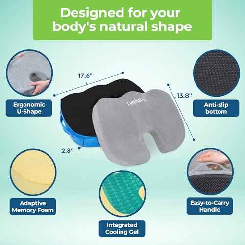 LuminaRest¢ç Comfortable Gel Seat Cushion for Long Sitting ? CertiPUR-US¢ç Certified Memory Foam ? Premium Gel Tailbone Pain Relief Cushion, Adaptable for Office, Car, Airplane & Wheelchair ? (Gray)