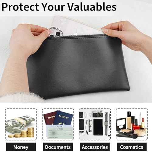 2 Pack Money Bags with Zipper, 11x6.1 Inch PU Leather Cash Pouch, Secure Bank Bag for Coins, Bills, Checks, Invoices, Cosmetics, Tools (Black)