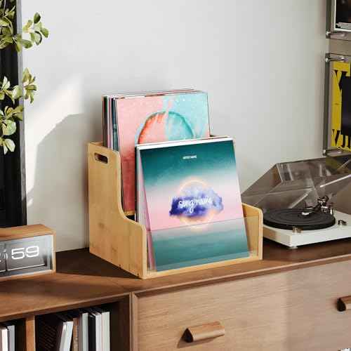 HOOBRO Vinyl Record Storage Crate, Stepped 2-Tier Record Crate, Album Storage Box, Visible Record Holder Crate with Handle, for Vinyl, Magazine, Folder, Album, Natural YL02CW01