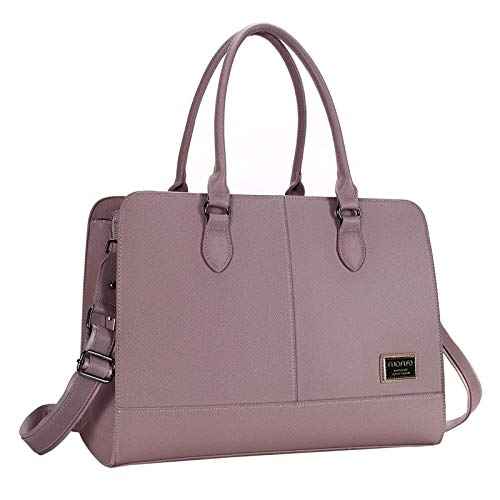 MOSISO Women Laptop Tote Bag (15-16 inch), PU Leather Large Capacity with 3 Layer Compartments Business Work Briefcase Shoulder Laptop Bag, Purple