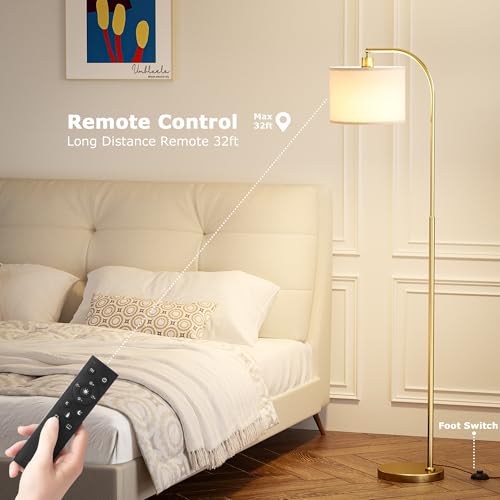 Arc Floor Lamp with Remote and Stepless Dimmable Bulb, Colors Temperature & Brightness Adjustable, Gold Floor Lamps for Living Room£¨Deep Beige Shade & Gold Pole£©