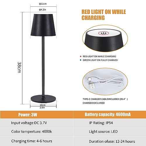 Cordless Table Lamps USB Rechargeable Lamp Simplicity Desk Lamp Built-in 4600 mAh Battery LED Battery Operated lamp with Touch Control Table lamp - Bedroom/Desk/Reading/Patio(2Pcs-Black)