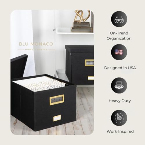 BLU MONACO Hanging File Box with Lid - Black Document Organizer for Letter & Legal Size Paperwork