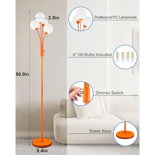 Lightdot Globe Standing Lamps with 3Pcs 3000K G9 Bulbs Stepless Orange Dimmable Floor Lamp with Stable Base 3-Lights Modern Design Mid Century Floor Lamp for Living Room/Bedroon/Office