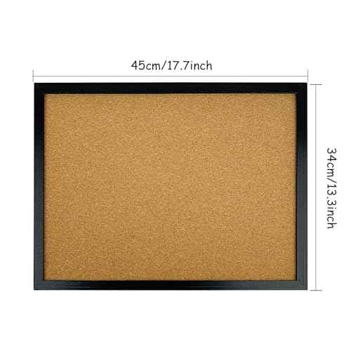 GDMINLO Black Cork Bulletin Board, 17.7 X 13.3 inches with Oak Wood Finish Frame, for Wall Office Home and School (Pins, Eye Bolts, gaskets, Screws)